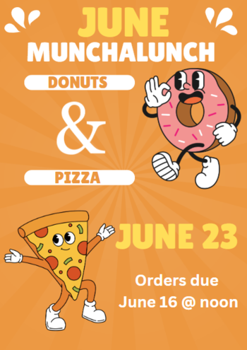 Dancing pizza slice and donut announce Munchalunch date.